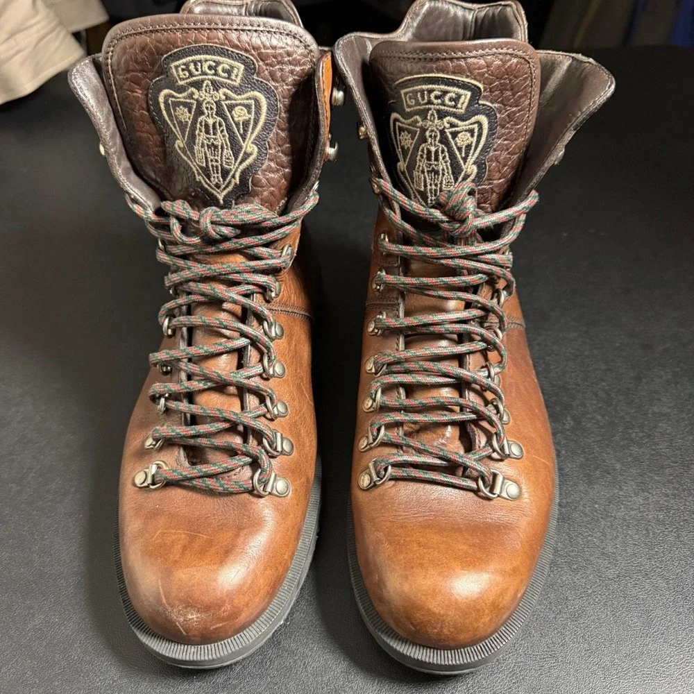 Gucci Crest Brown Leather Hiking Boots‎ Mens Size 8.5 181853 G